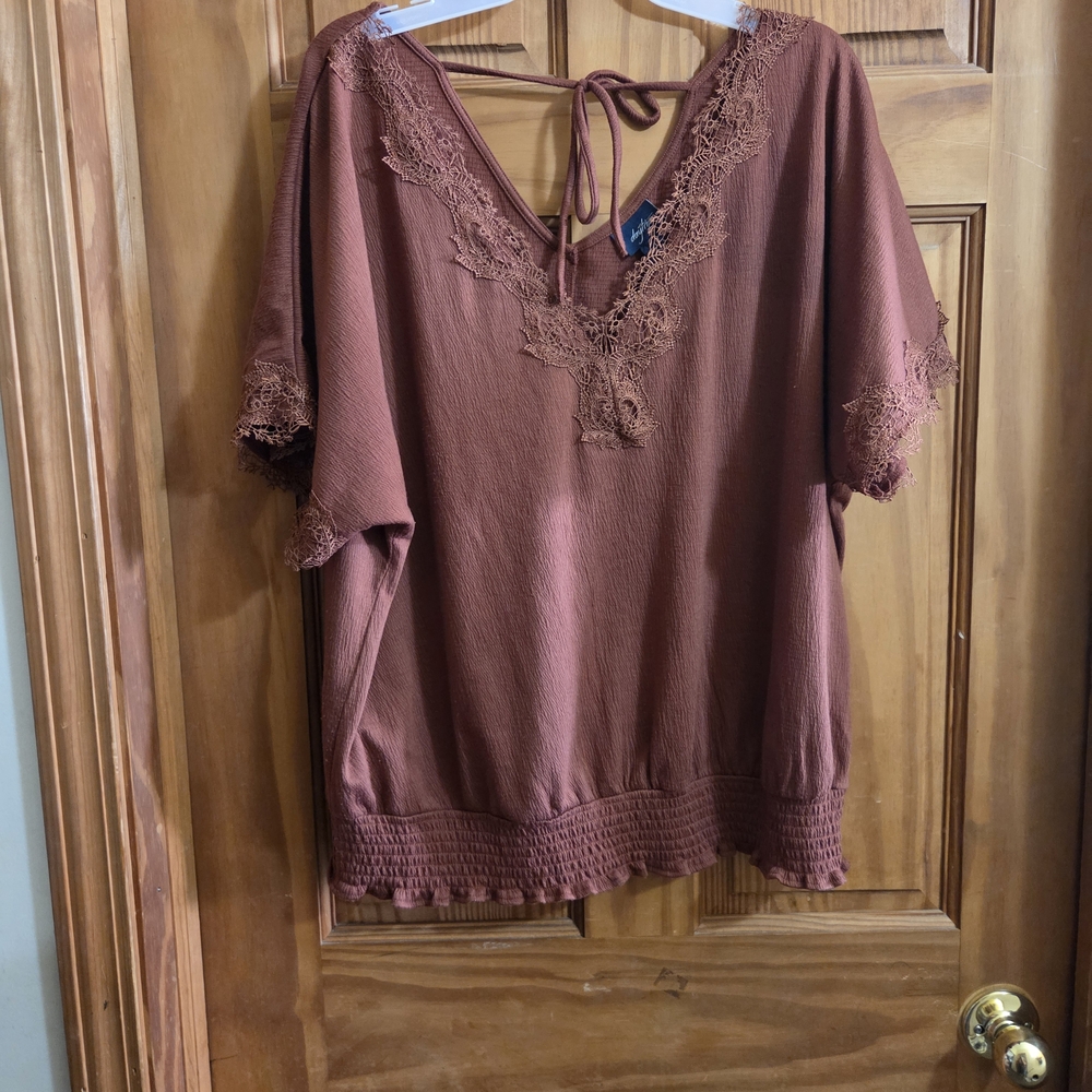 Daytrip V-Neck Blouse with Lace Trim - Brown